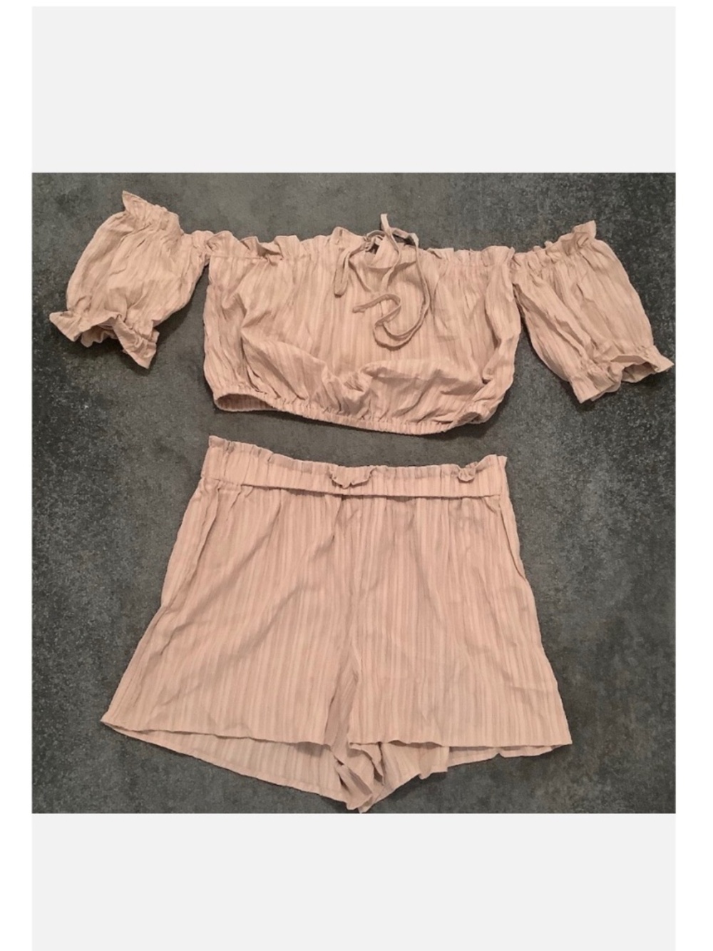 NWT- Peach Blush Crinkle 2-Piece Off Shoulder Top & Shorts Set